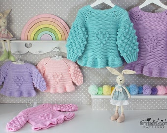 CROCHET PATTERN Baby and Girls Sweater Pattern - Bobble Sleeves, Bobble Heart - Photo Tutorial and Graph - Sizes 0-3 Months up to 10 Years