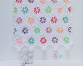 Doris Daisy Hexagon Blanket Pattern - With half Hexagon and tutorial, By Kerry Jayne, Crochet Blanket Pattern, Crochet Baby Blanket Pattern