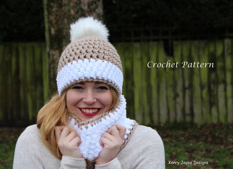 CROCHET HAT and Cowl pattern Snow bobble effect crochet pattern Winter hat pattern Bobble hat pattern Crochet Cowl pattern Pom pom hat image 1