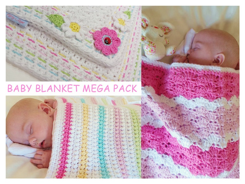 Peut inclure: Un ensemble de trois couvertures pour b&eacute;b&eacute; en crochet rose, blanc et vert. Les couvertures pr&eacute;sentent diff&eacute;rents motifs de crochet, notamment des rayures, des fleurs et un bord festonn&eacute;. Les couvertures sont pr&eacute;sent&eacute;es avec un b&eacute;b&eacute; qui dort dessus.