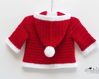 Christmas Baby Jacket Crochet Pattern - Santa Baby Hoodie - Unisex Hooded Baby Cardigan, Includes Photo Tutorial, Sizes Newborn - 2 years