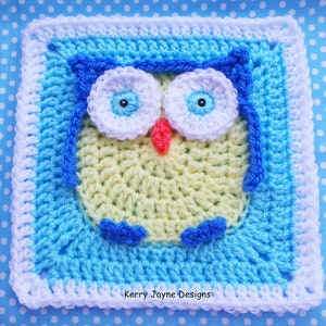 May include: A crocheted owl square with a yellow body, blue wings, white eyes, and a red beak. The owl is surrounded by a blue and white border.