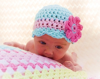 CROCHET BABY HAT Pattern - Oh so pretty - Crochet hat pattern Cotton Hat pattern Crochet pattern flower hat pattern comes in 5 sizes! Usa