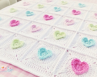 CROCHET PATTERN  All Heart Blanket Crochet Blanket Pattern Baby Hearts Blanket Crochet Heart pattern Granny Square Blanket Pattern Pdf NO.7A