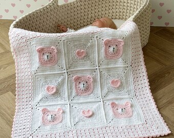 CROCHET BLANKET PATTERN - Teddy Bear Crochet Baby Blanket Pattern - Teddy Bears and Hearts Granny square blanket Pattern - Photo tutorial