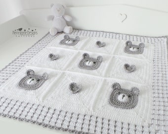 CROCHET BLANKET PATTERN - Bear Love - Crochet Baby Blanket Pattern - Teddy Bears and Hearts Granny square blanket Pattern - Photo tutorial