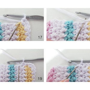 Peut inclure: Gros plan sur un projet de crochet avec quatre bandes de couleurs diff&eacute;rentes&nbsp;: rose, bleu clair, blanc et jaune. L&rsquo;aiguille &agrave; crochet est au milieu de l&rsquo;image et le fil est blanc.