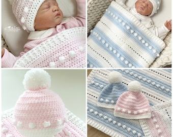 DOTS AND DASHES Blanket and Hat Crochet Pattern, Baby Boy Blanket, Baby Girl Blanket, Photo Tutorial with 6 hat sizes - Prem Baby - 18 mths