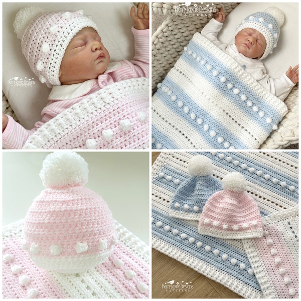 DOTS AND DASHES Blanket and Hat Crochet Pattern, Baby Boy Blanket, Baby Girl Blanket, Photo Tutorial with 6 hat sizes - Prem Baby - 18 mths