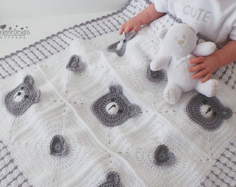 CROCHET BLANKET PATTERN - Teddy Bear Crochet Baby Blanket Pattern - Teddy Bears and Hearts Granny square blanket Pattern - Photo tutorial