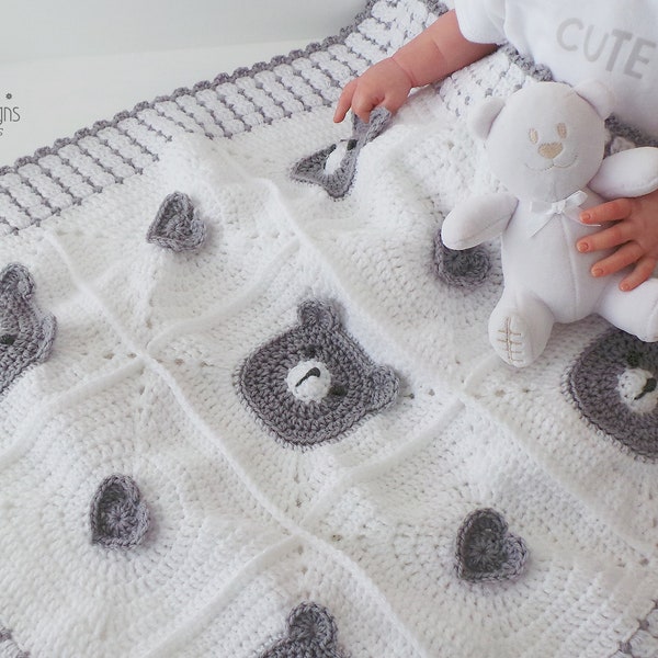 Teddybär Babydecke häkeln - Teddybären und Herzen Oma Quadrat Decke Häkeldecke - Foto-Tutorial