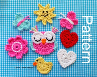 MIXED APPLIQUE CROCHET Pattern Crochet Butterfly pattern Owl crochet pattern  Heart crochet pattern Sun pattern Crochet Flower pattern