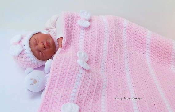 PEEK A BOW Crocheted Pattern - Baby Blanket and Hat Pattern - Chenille Blanket and Hat Pattern, Bow Hat Pattern Crochet Pattern Instructions