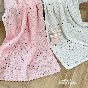 Baby Blanket Crochet Pattern with Filet stitch hearts, Beginners easy baby blanket for everyday, Full graph to print off and Photo Tutorial.