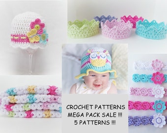 CROCHET PATTERN Value Pack Baby Crochet Patterns Owl hat pattern headband pattern Crown crochet pattern Baby Blanket crochet Pattern Uk No.6