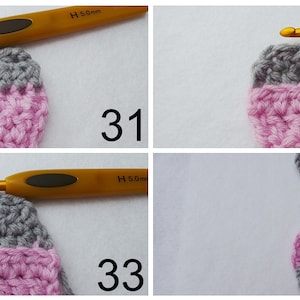 May include: A step-by-step guide on how to crochet a bunny. The image shows four steps, starting with a pink and gray crocheted piece and ending with a finished bunny. The bunny is gray with a pink belly and a white tail.