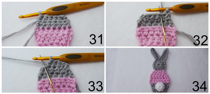May include: A step-by-step guide on how to crochet a bunny. The image shows four steps, starting with a pink and gray crocheted piece and ending with a finished bunny. The bunny is gray with a pink belly and a white tail.