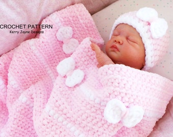 Crochet Pattern - PEEK A BOW - Baby Blanket and Hat Pattern - Chenille Baby pattern Bow Blanket and hat Pattern Crochet Pattern Instructions