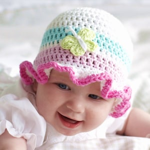 BABY HAT PATTERN by Kjd, Crochet Hat Pattern Cotton Baby Hat pattern Butterfly Hat Pattern frilly hat pattern Baby girl hat pdf pattern Uk imagen 1