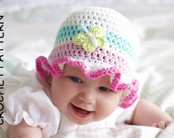 BABY HAT PATTERN by Kjd, Crochet Hat Pattern Cotton Baby Hat pattern Butterfly Hat Pattern frilly hat pattern Baby girl hat pdf pattern Uk