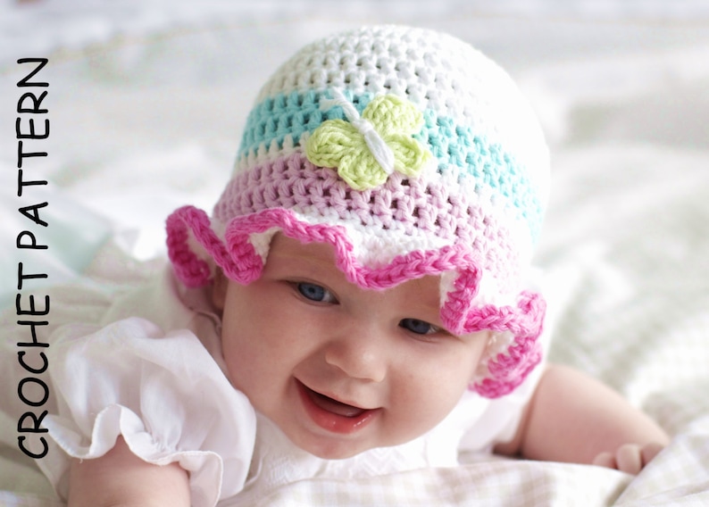 BABY HAT PATTERN by Kjd, Crochet Hat Pattern Cotton Baby Hat pattern Butterfly Hat Pattern frilly hat pattern Baby girl hat pdf pattern Uk imagen 1