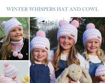 CROCHET HAT PATTERN - Winter Whispers Crochet hat Pattern Crochet Cowl Pattern, Hat and Cowl Pattern - Doll Baby Toddler Child Teen Adult xl