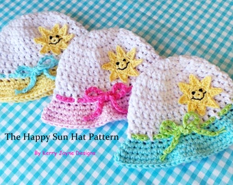 Crochet Pattern HAPPY SUN HAT Baby Summer Hat Pattern Cotton Crochet Hat Pattern Summer Baby Hat Pattern Baby Sun hat 5 tailles 0 - 3 ans