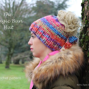 Magic Bun hat crochet pattern, Messy bun beanie crochet pattern, Ponytail hat crochet pattern Womens hat crochet pattern Sizes 2 yr Adult image 1