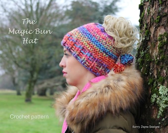 Magic Bun hat crochet pattern, Messy bun beanie crochet pattern, Ponytail hat crochet pattern Womens hat crochet pattern Sizes 2 yr - Adult