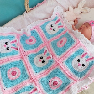 BUNNY BLANKET CROCHET Pattern - Baby Bunny crochet blanket Pattern, Crochet Baby Blanket Pattern - Includes step by step photo tutorial, Pdf