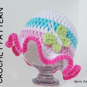 BABY HAT PATTERN by Kjd, Crochet Hat Pattern Cotton Baby Hat pattern Butterfly Hat Pattern frilly hat pattern Baby girl hat pdf pattern Uk imagen 4