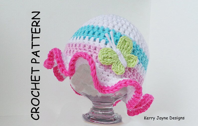 BABY HAT PATTERN by Kjd, Crochet Hat Pattern Cotton Baby Hat pattern Butterfly Hat Pattern frilly hat pattern Baby girl hat pdf pattern Uk imagen 4