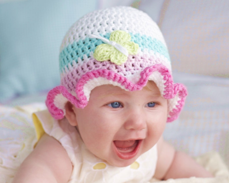 BABY HAT PATTERN by Kjd, Crochet Hat Pattern Cotton Baby Hat pattern Butterfly Hat Pattern frilly hat pattern Baby girl hat pdf pattern Uk imagen 2