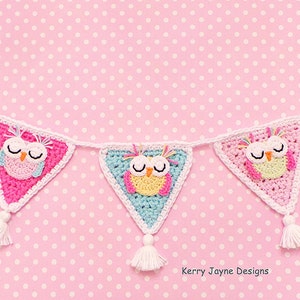 SLEEPY OWL BUNTING Garland - Owl crochet pattern  Owl applique pattern Crochet applique Owl pattern Owl Garland By Kerry Jayne Designs No.15