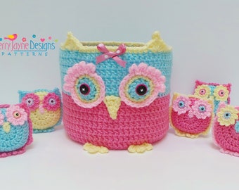 OWL BASKET FAMILY Crochet Pattern - Crochet Owl basket Pattern - Little Owls And Bunting Crochet Pattern and Tutorial - Kerry's Owl Nursery