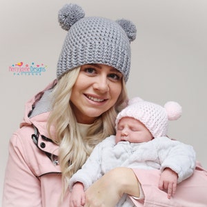 Pom Pom hat Crochet Pattern - My First Pom Pom Hat - Crochet Pattern - 9 sizes from Prem baby - Adult, Step by step photo tutorial, instant.