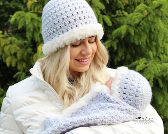 Crochet Pattern - LITTLE DUCHESS - Baby Blanket Pattern - Baby Hat Pattern - Mummy and Me crochet hats - 8 Sizes included - Newborn to Adult