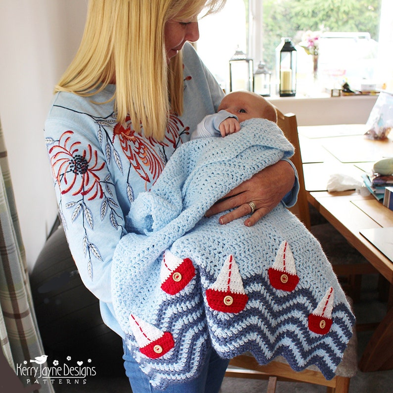 BOAT BLANKET Crochet Pattern Easy to crochet Baby Blanket Bobbing Boats Photo Tutorial Baby Boy, Baby girl, Size may be altered. image 1