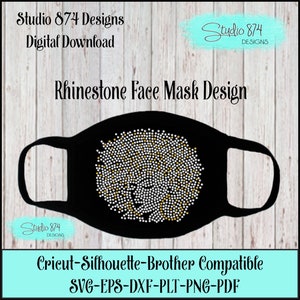 May include: Black face mask design with a central pattern of white and gold rhinestones. The text "Rhinestone Face Mask Design" is displayed above the mask. The design is compatible with Cricut, Silhouette, and Brother machines.
