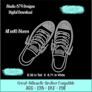 May include: A digital download design for a pair of white sneakers with rhinestones. The design is 8.36 inches tall and 8.71 inches wide. The design is compatible with Cricut, Silhouette, and Brother cutting machines. The design is available in SVG, EPS, DXF, and PDF formats.