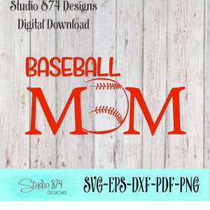 Può includere: Design di taglio SVG mamma baseball rosso. Il design presenta la parola "baseball" sopra la parola "mamma" con una grafica di baseball tra le lettere.