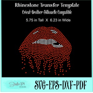 May include: Rhinestone transfer template for a pair of red lips with white highlights. The template is 5.75 inches tall and 6.23 inches wide. Cricut, Brother, and Silhouette compatible. SVG, EPS, DXF, and PDF files included.