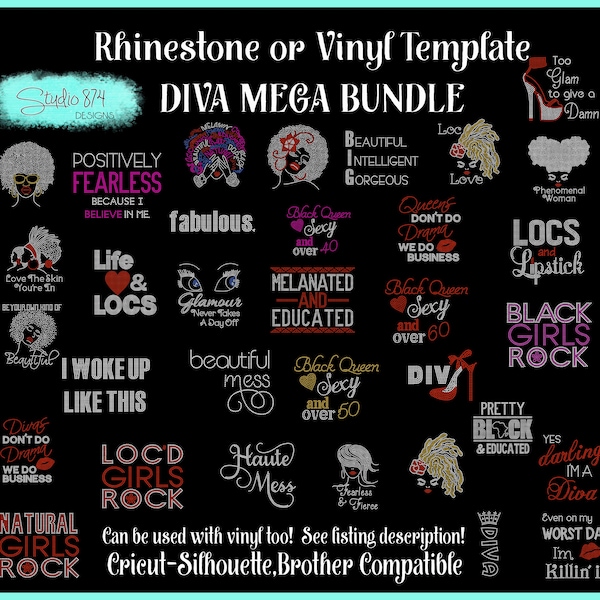 Diva Rhinestone Template MEGA Bundle – SVG, HTV, Faux Rhinestone Designs (Digital Download)