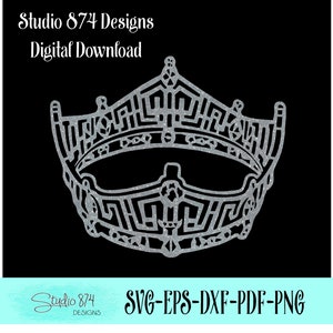May include: A silver glitter crown with a detailed design. The crown is on a black background. Studio 874 Designs Digital Download SVG-EPS-DXF-PDF-PNG