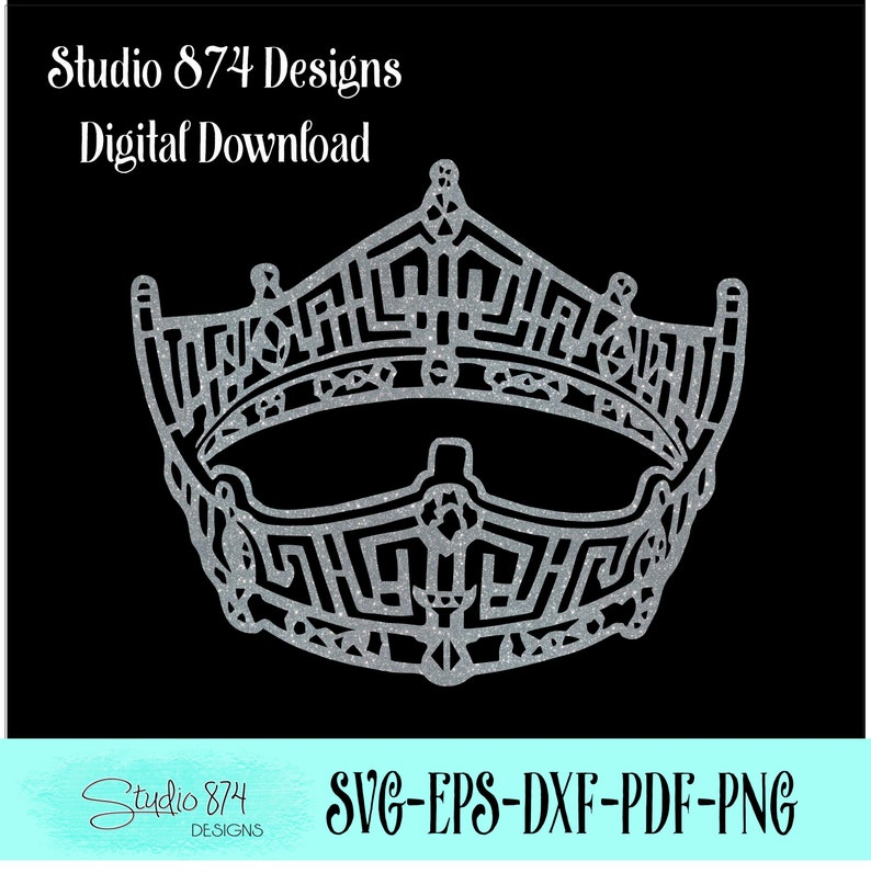May include: A silver glitter crown with a detailed design. The crown is on a black background. Studio 874 Designs Digital Download SVG-EPS-DXF-PDF-PNG