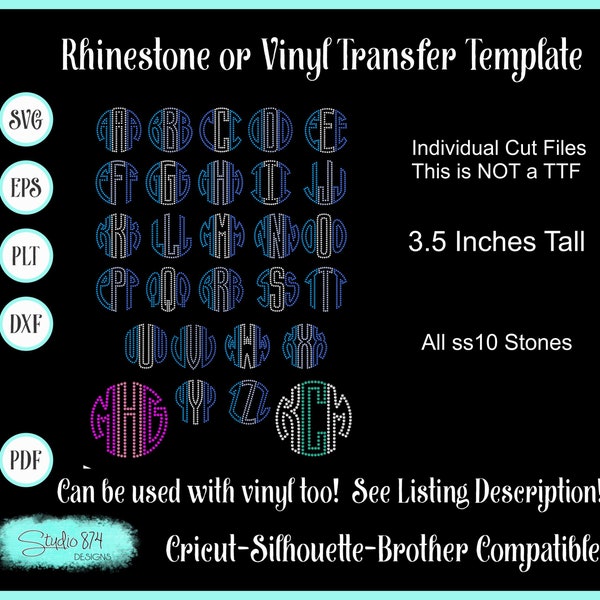 Rhinestone Circle Monogram Template Letters -  Alphabet Font - 3.5 Inch - Download Transfer -Pattern-Stencil - DIY - Sticky Flock