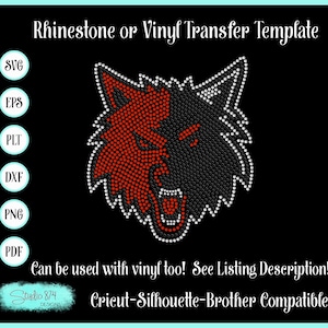May include: A red and black wolf head design template for rhinestone or vinyl transfer. The template is compatible with Cricut, Silhouette, and Brother cutting machines. SVG, EPS, PLT, DXF, PNG, and PDF file formats are included.