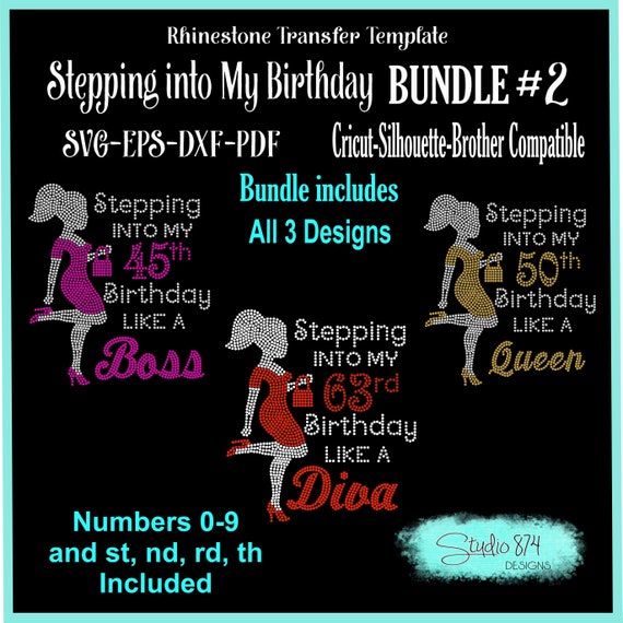 Stepping into my Birthday with Afro Girl - Ponytail BUNDLE Rhinestone Download SVG, EPS Digital Transfer Template - Like a Boss, Diva Queen