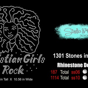 May include: A rhinestone design of a woman with curly hair, the words "Christian Girls Rock" and the text "1301 Stones in Design". Rhinestone details: 187 Total ss06 Crystal, 1114 Total ss10 Crystal. The design is 11.04 inches tall and 10.56 inches wide.