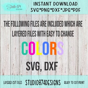 May include: A digital download of layered SVG, DXF, PNG, JPG, and PDF files for a "COLORS" design. The files are ready to cut and print. The design features the word "COLORS" in a rainbow of colors.
